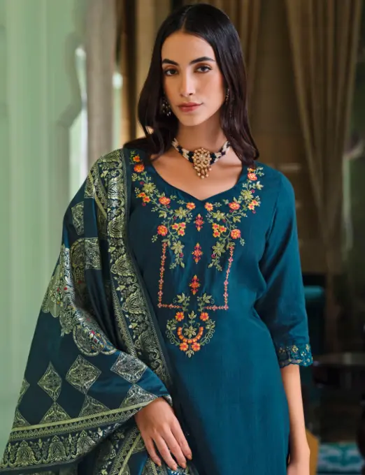 Teal Blue Embroidered Suit Set