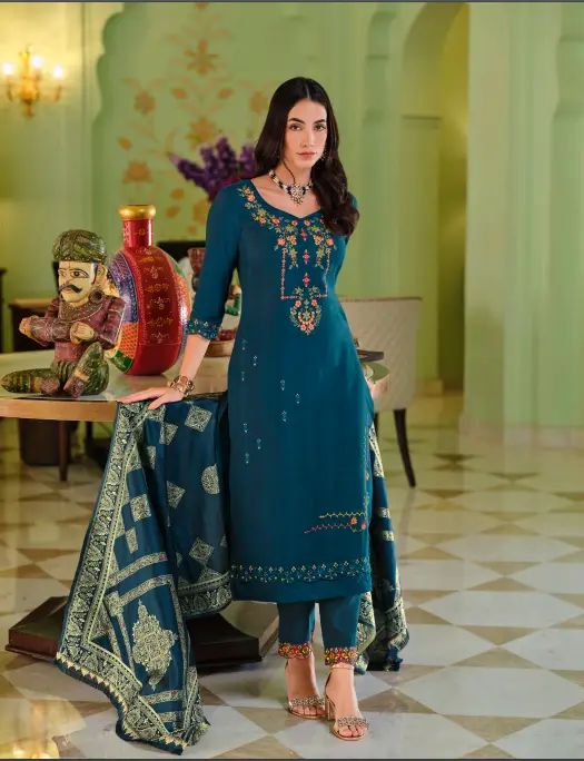 Teal Blue Embroidered Suit Set
