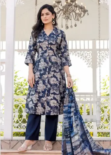 Navy Blue Floral Kurti Set