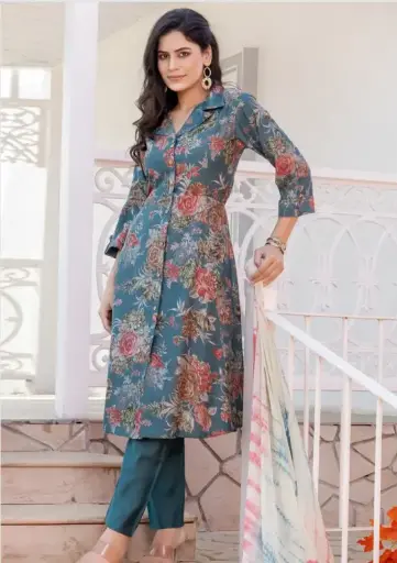 Elegant Teal Floral Kurti Set